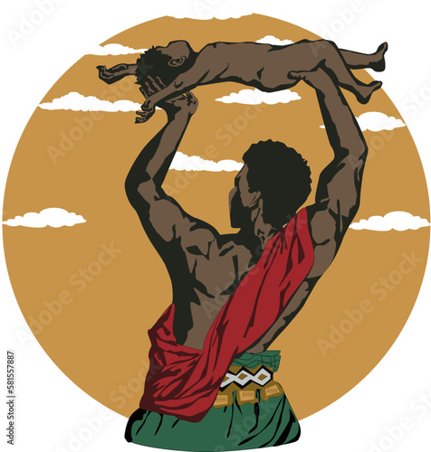 A man with a child in his arms at sunrise