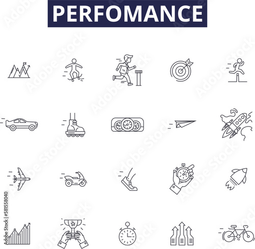 Perfomance line vector icons and signs. Efficiency, Capacity, Speed, Agility, Productivity, Proficiency, Excellence, Competence outline vector illustration set