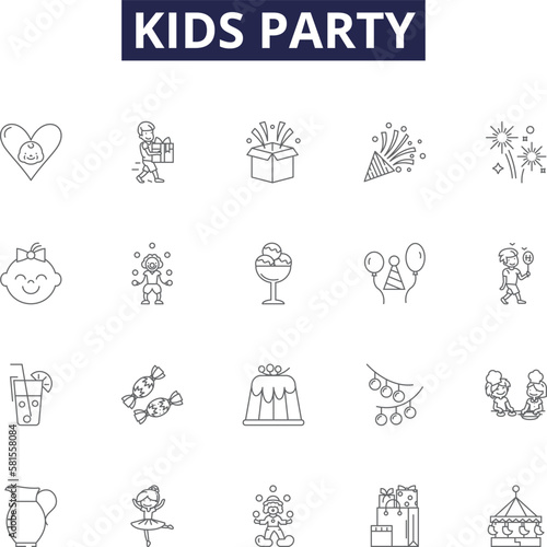 Kids party line vector icons and signs. Birthday, Celebration, Fun, Games, Presents, Music, Balloon, Party outline vector illustration set