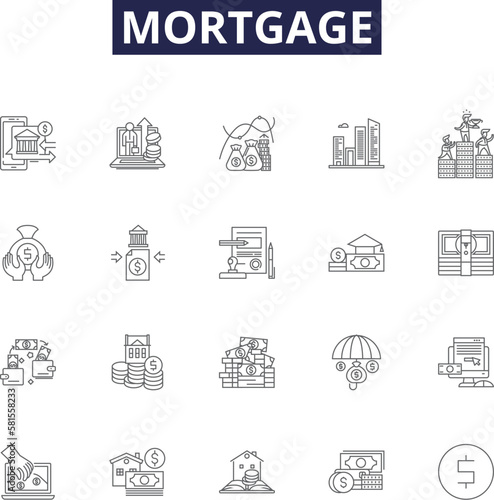 Mortgage line vector icons and signs. Debt, Repayment, House, Home, Lender, Banking, Refinancing, Interest outline vector illustration set