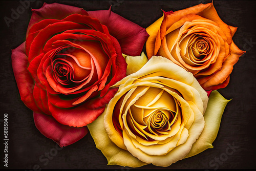 Top flat view of red, yellow and orange roses. Bouquet of multicolored garden flowers for Sant Jordi, Valentine's, Mother's Day. Romantic gift for invitation cards, birthdays. Generative AI background photo