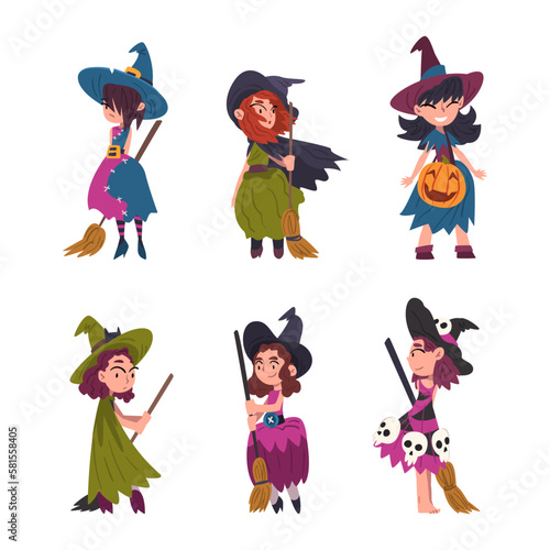 Funny Girl Witch Wearing Pointed Hat Holding Broom Vector Set