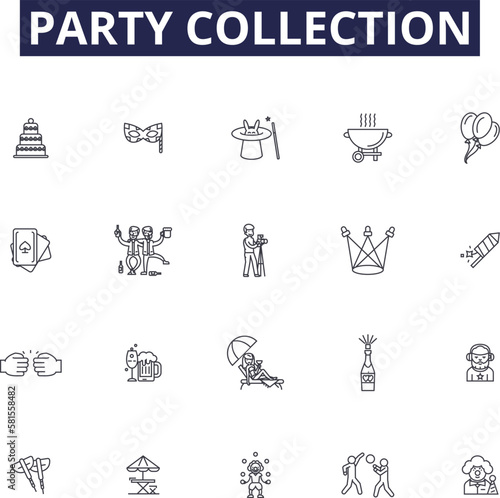 Party collection line vector icons and signs. Collection, Event, Gather, Decorate, Invite, Celebrate, Streamer, Balloons outline vector illustration set