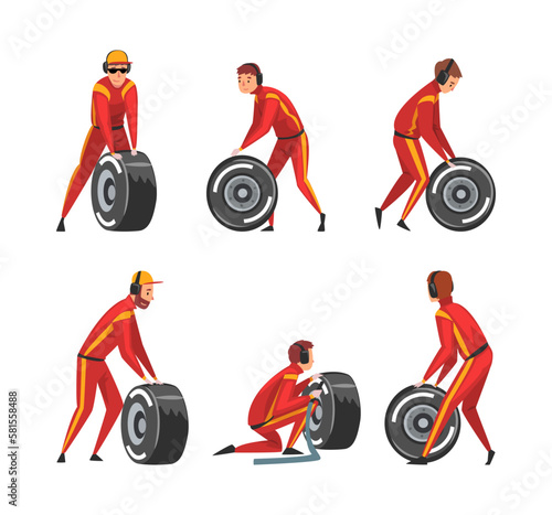 Pit Stop Crew Member Changing Tire Wheel Engaged in Maintenance of Racing Car Vector Set
