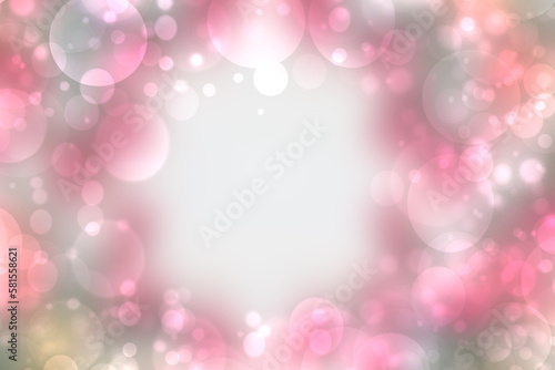 Abstract blurred fresh vivid spring summer light delicate pastel pink white bokeh background texture with bright circular soft color lights and frame. Beautiful backdrop illustration.