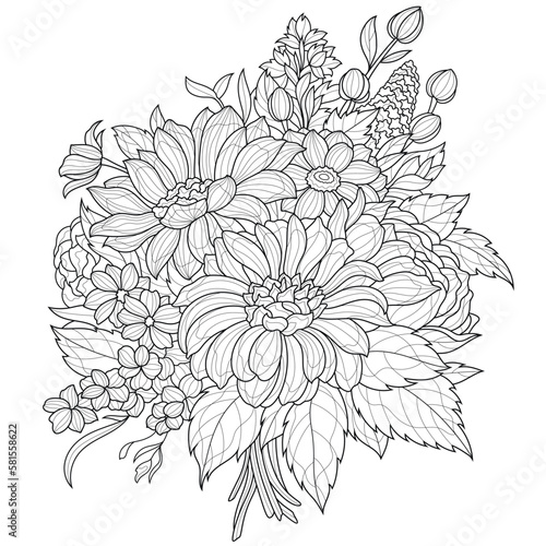 Bouquet of flowers.Coloring book antistress for children and adults. Illustration isolated on white background.Zen-tangle style. Hand draw