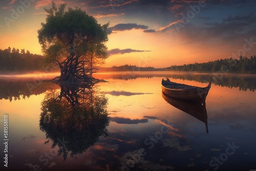 A lonely boat near the shore of a beautiful lake at evening sunset. 