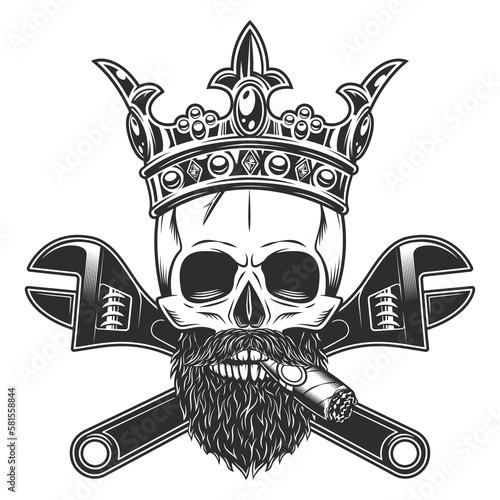 King skull smoking cigar or cigarette with mustache and beard in crown with construction wrench for gas and builder plumbing pipe or body shop mechanic spanner repair tool vintage vector illustration