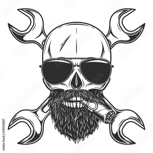 Skull smoking cigar or cigarette witn mustache with beard in sunglasses and construction builder plumbing wrench or repair car and truck mechanic service tool crossed spanner vintage illustration