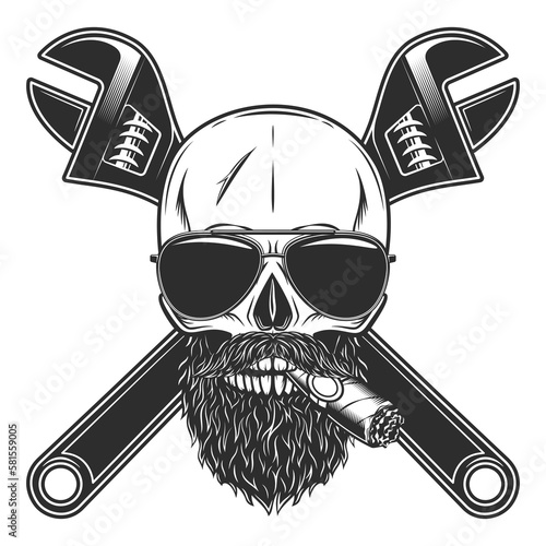 Skull smoking cigar or cigarette with mustache and beard in sunglasses with construction wrench for gas and builder plumbing pipe or body shop mechanic spanner repair tool vintage vector illustration