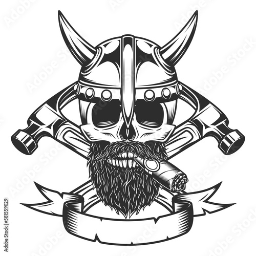 Viking skull smoking cigar or cigarette with mustache and beard and horned helmet with builder crossed hammers from new construction and remodeling house business vintage style illustration
