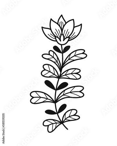Minimalistic floral branch. Hand drawn organic icon with blooming flower with petals and leaves. Design element for wedding invitation. Cartoon flat vector illustration isolated on white background