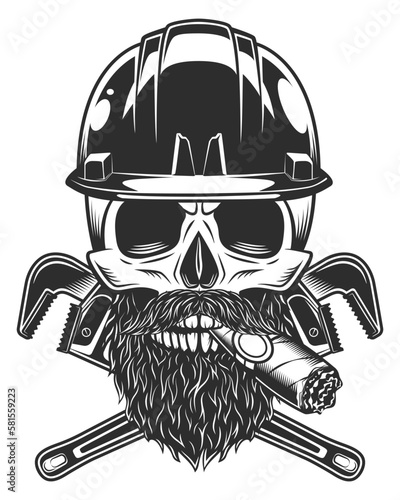 Skull smoking cigar or cigarette in helmet hard hat with mustache and beard with construction wrench for gas and plumbing pipe or mechanic spanner repair tool vector illustration