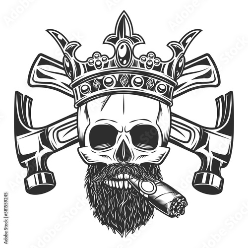 Skull smoking cigar or cigarette with mustache and beard and royal crown builder crossed hammers from construction business in monochrome vintage style illustration