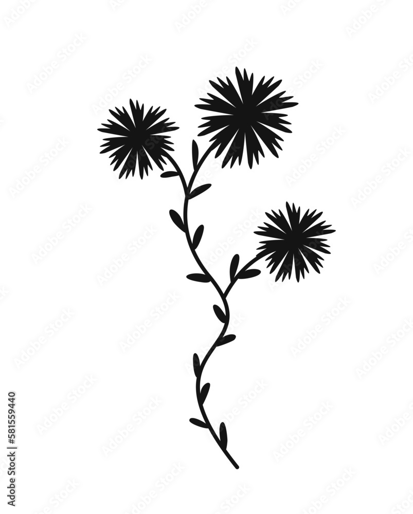Minimalistic floral branch. Hand drawn icon with thorny burdock or wild plant. Plant growing and botany. Design element for postcard. Cartoon flat vector illustration isolated on white background