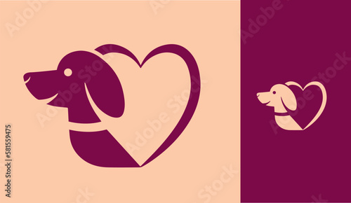Dog symbol and heart shape for petshop in ivory and red colors