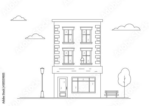 Black white city landscape with house, trees and clouds. Old architecture.  Line art illustration.