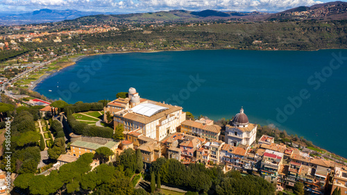 Aerial view of the Papal Palace of Castel Gandolfo, near Rome, Italy. The Apostolic Palace is a complex of buildings served for centuries as a summer residence for the Pope. It overlooks Lake Albano. 