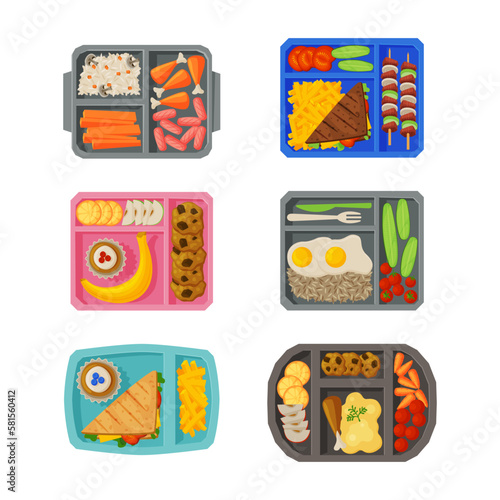 Meal Tray with Fresh Appetizing Food Rested in Different Section Above View Vector Set