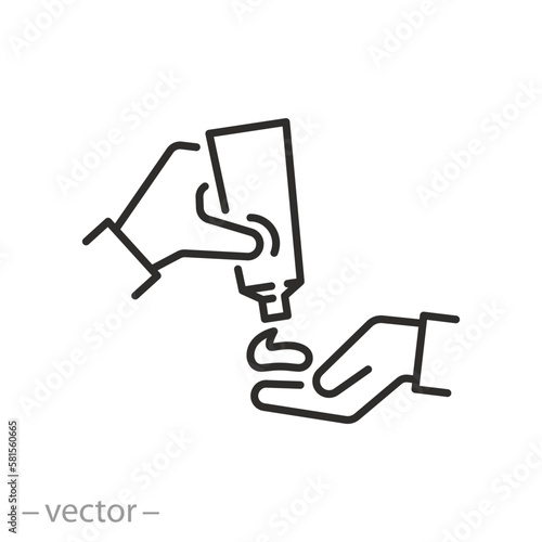 squeeze cream on hand icon, lotion tube, skincare concept, shower gel, thin line symbol on white background - editable stroke vector illustration eps10