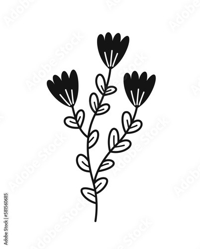 Minimalistic floral branch. Beautiful icon with cornflower. Hand drawn meadow or field plant with blooming bud. Design element for tattoo. Cartoon flat vector illustration isolated on white background