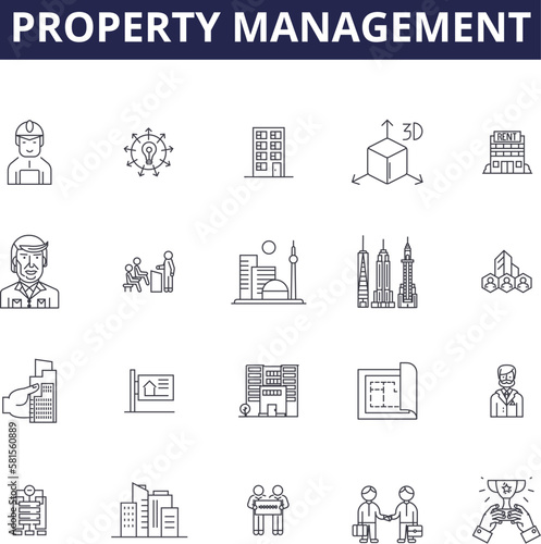 Property management line vector icons and signs. Management, Rent, Landlord, Tenant, Lease, Real, Estate, Maintenance outline vector illustration set