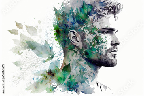 Portrait of a man double exposure with trees and plants. Creative watercolor illustration. Generative Ai