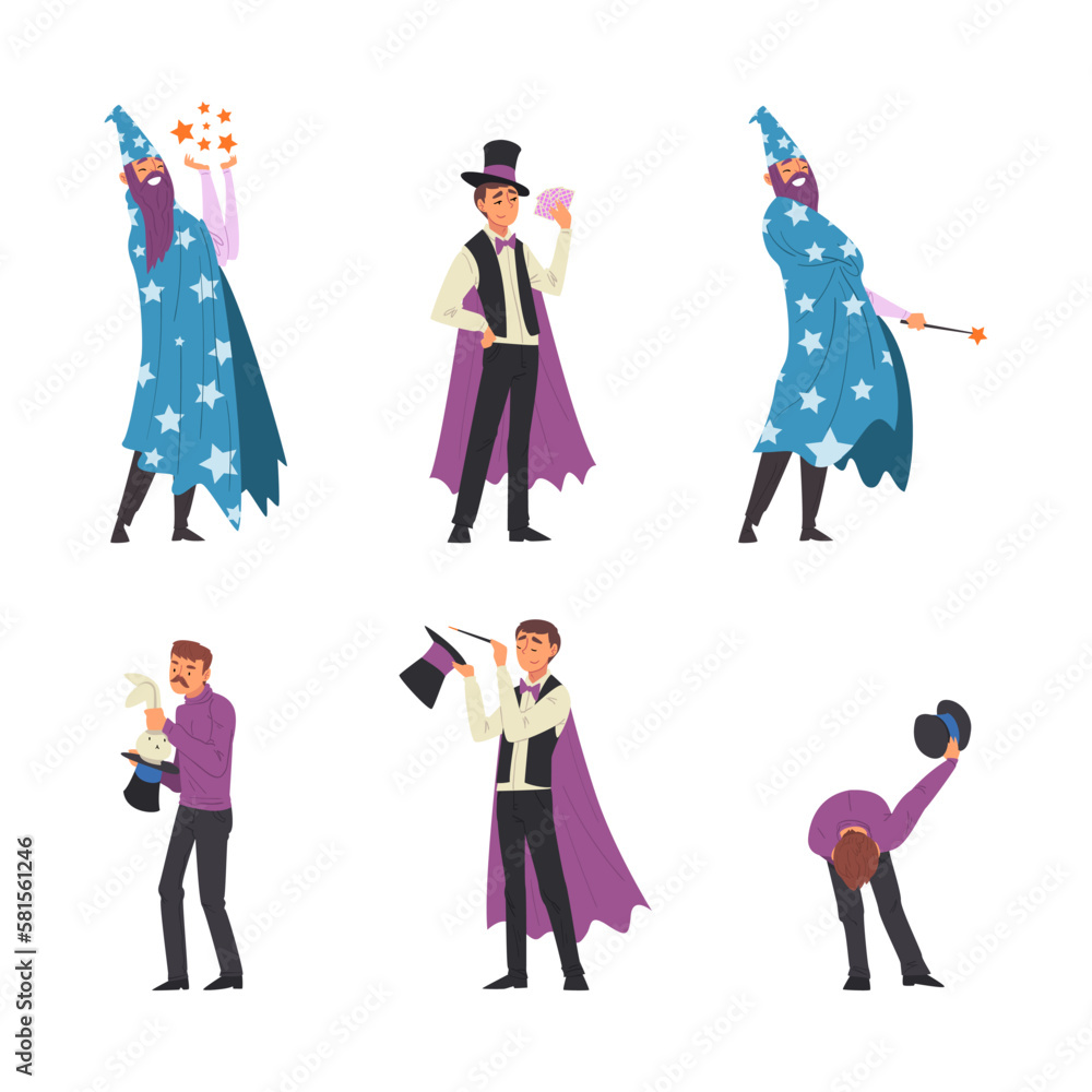 Man Magician with Top Hat Performing Different Magic Tricks on Stage Vector Set