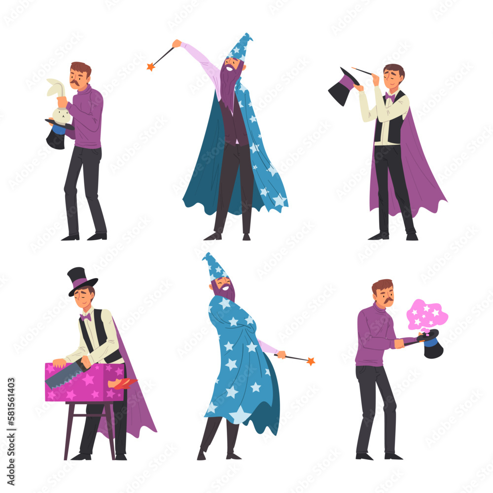 Man Magician with Top Hat Performing Different Magic Tricks on Stage Vector Set Man Magician with Top Hat Performing Different Magic Tricks on Stage Vector Set
