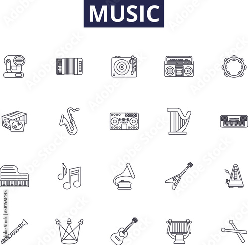 Music line vector icons and signs. Harmony, Opera, Concert, Band, Singer, Jazz, Rhythm, Strings outline vector illustration set