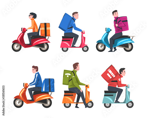 Food Delivery Courier Service with Man on Scooter Carrying Bag Vector Set