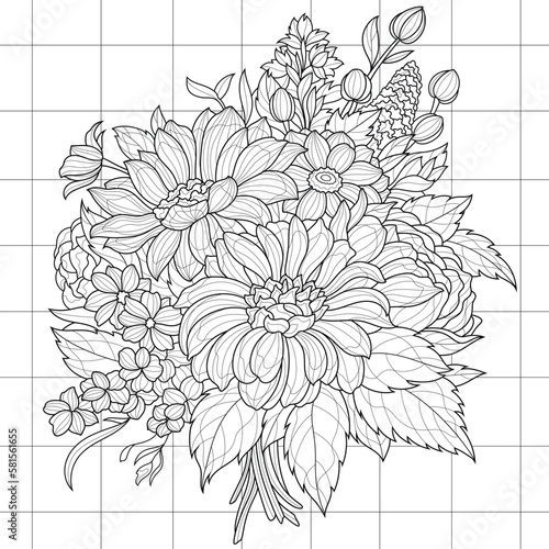 Bouquet of flowers.Coloring book antistress for children and adults. Illustration isolated on white background. Hand draw