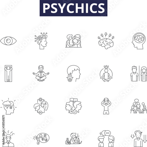 Psychics line vector icons and signs. Clairvoyants, Mediums, Fortune-tellers, Seers, Diviners, Crystal-gazers, Haruspexes, Mystics outline vector illustration set