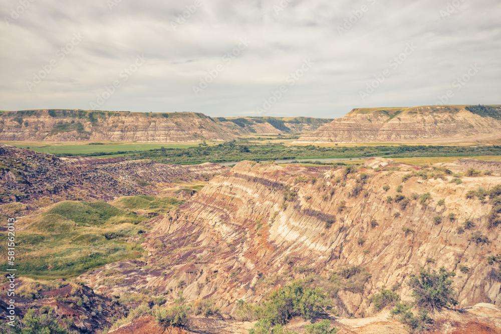 Landscape of the Badlands of Drumheller with overcast sky