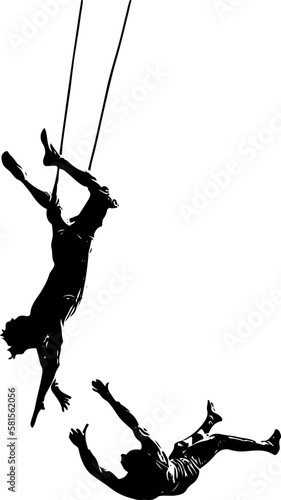 Silhouette of Circus artist acrobat performance, Circus Performer Silhouette, Aerial acrobat Stock Vector Images, Silhouette of a pair of trapeze artist flying through the air photo