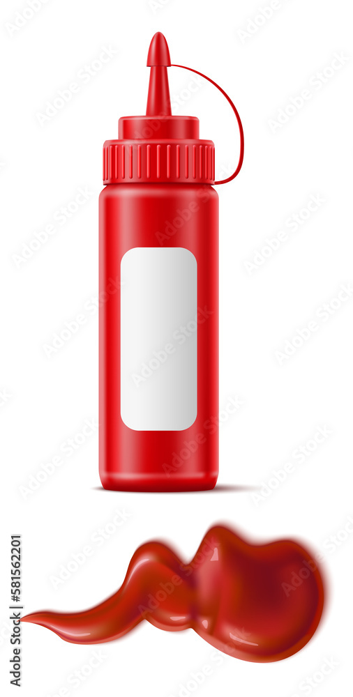 Ketchup bottle mockup with sauce spot. Red hot chili spill in realistic style Ketchup bottle mockup with sauce spot. Red hot chili spill in realistic style