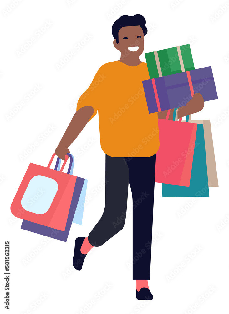 Young man holding paper bag and packages. Man carrying purchases from sale shopping Young man holding paper bag and packages. Man carrying purchases from sale shopping