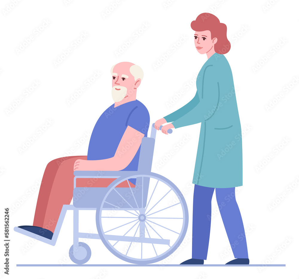 Nurse wheeling old man in wheel chair. Doctor helping disabled patient Nurse wheeling old man in wheel chair. Doctor helping disabled patient