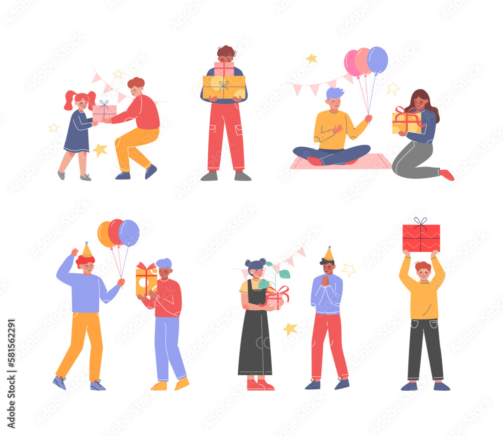 Joyful Teen Boy and Girl Celebrating Birthday Giving Gift Box Vector Set Joyful Teen Boy and Girl Celebrating Birthday Giving Gift Box Vector Set