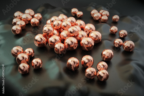 Copper anode balls on dark background. Anodes for Plating (3D render)