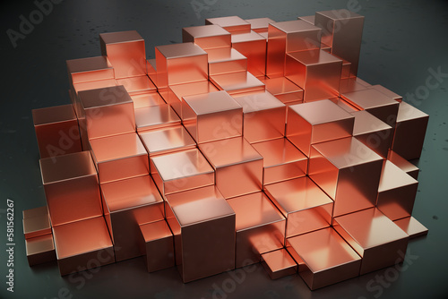 Stack of copper metal blocks on dark background (3D render).