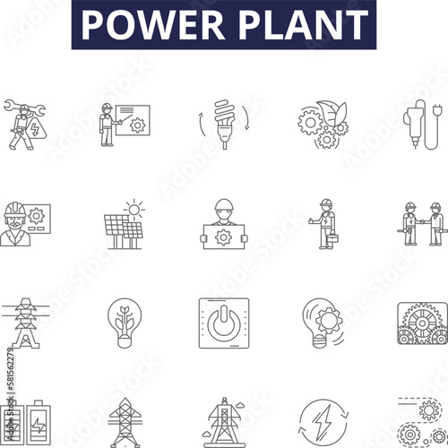 Power plant line vector icons and signs. Generator, Turbine, Reactor, Energy, Boiler, Fuel, Coal, Gas outline vector illustration set