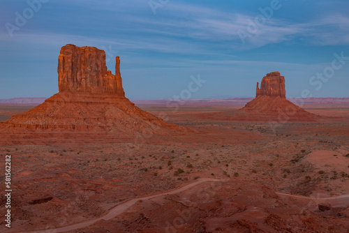 Monument Valley Landscape at Sunset - West Mitten Butte and East Mitten Butte