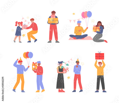 Joyful Teen Boy and Girl Celebrating Birthday Giving Gift Box Vector Set