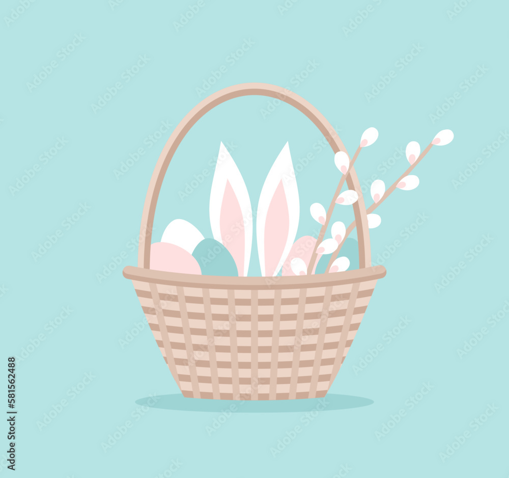 Easter basket with eggs, rabbit ears and branches of willow blossom. Vector illustration in flat style Easter basket with eggs, rabbit ears and branches of willow blossom. Vector illustration in flat style