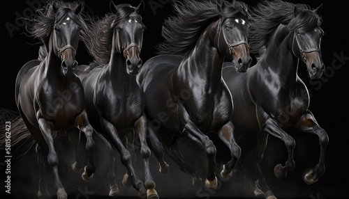 Four big black horses on black background, AI generative