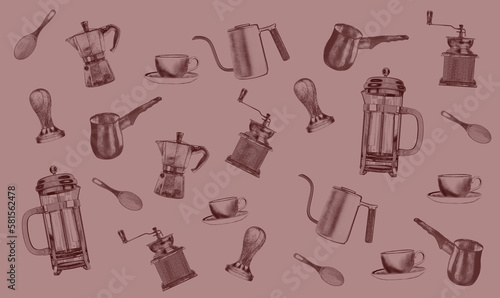 Akcesoria do kawy - wzór - szkic - pattern