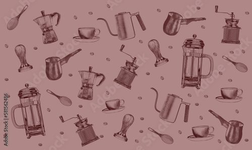 Akcesoria do kawy - wzór - szkic - pattern