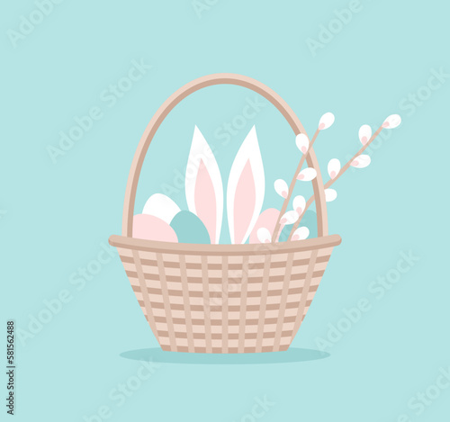 Easter basket with eggs, rabbit ears and branches of willow blossom. Vector illustration in flat style