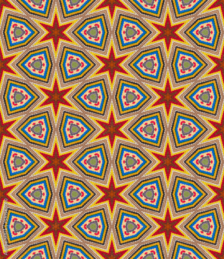 Seamless pattern of red, orange, yellow and blue textile fabric background wallpaper